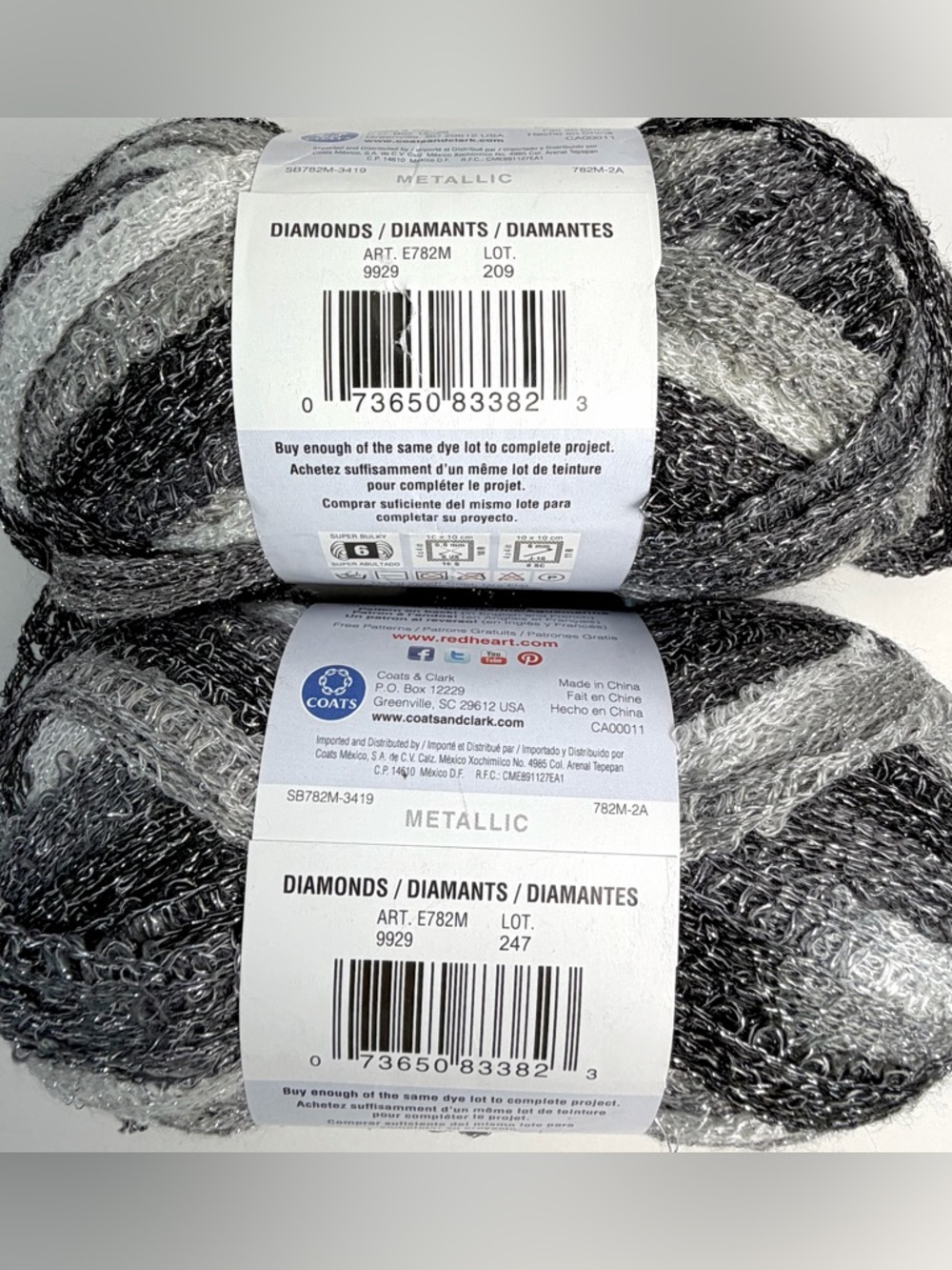 Red Heart Sashay Metallic Yarn Lot of 2 Black Gray Diamonds - Picture 3 of 7